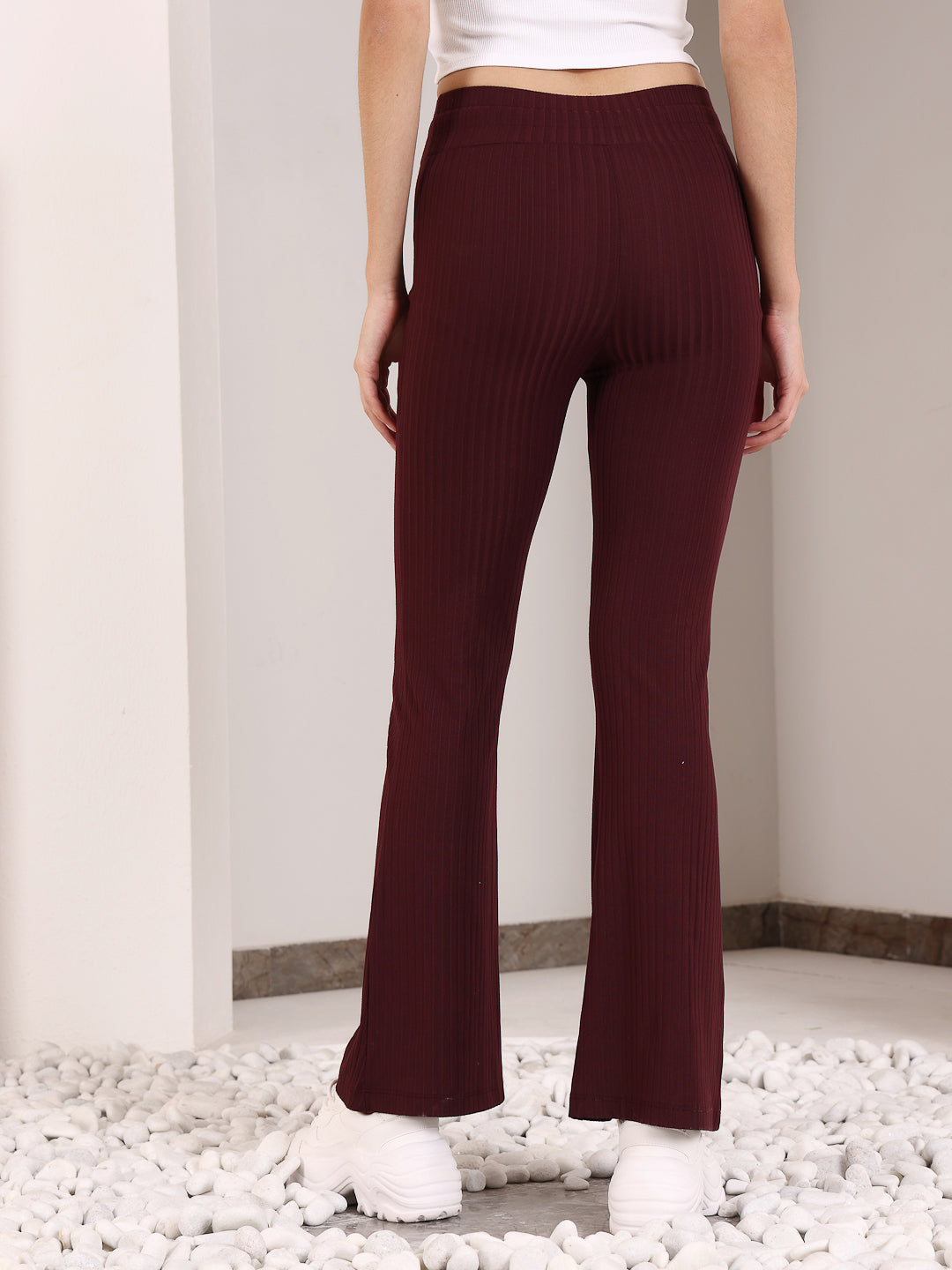 Maroon Rib Drawstring Flare Pants