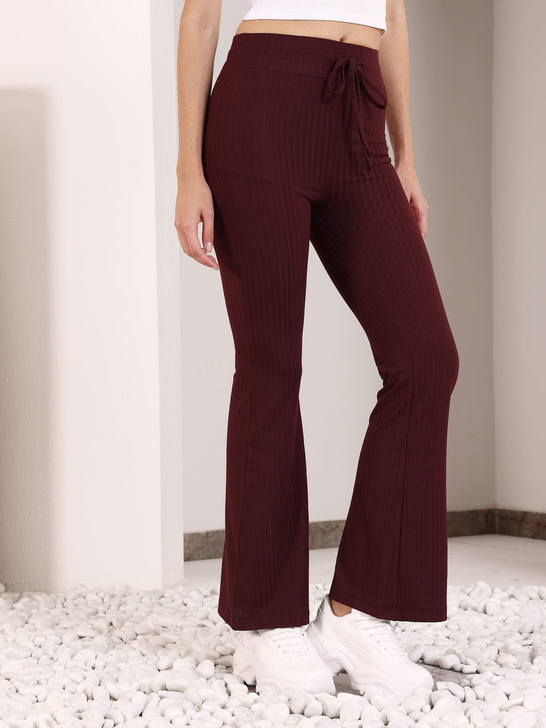 Maroon Rib Drawstring Flare Pants