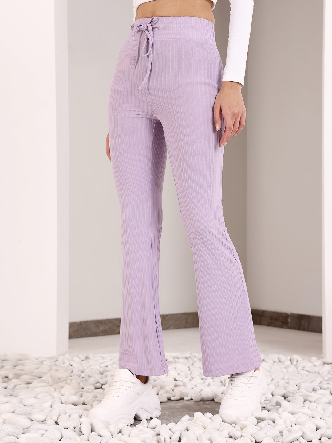 lavender rib drawstring flare pants