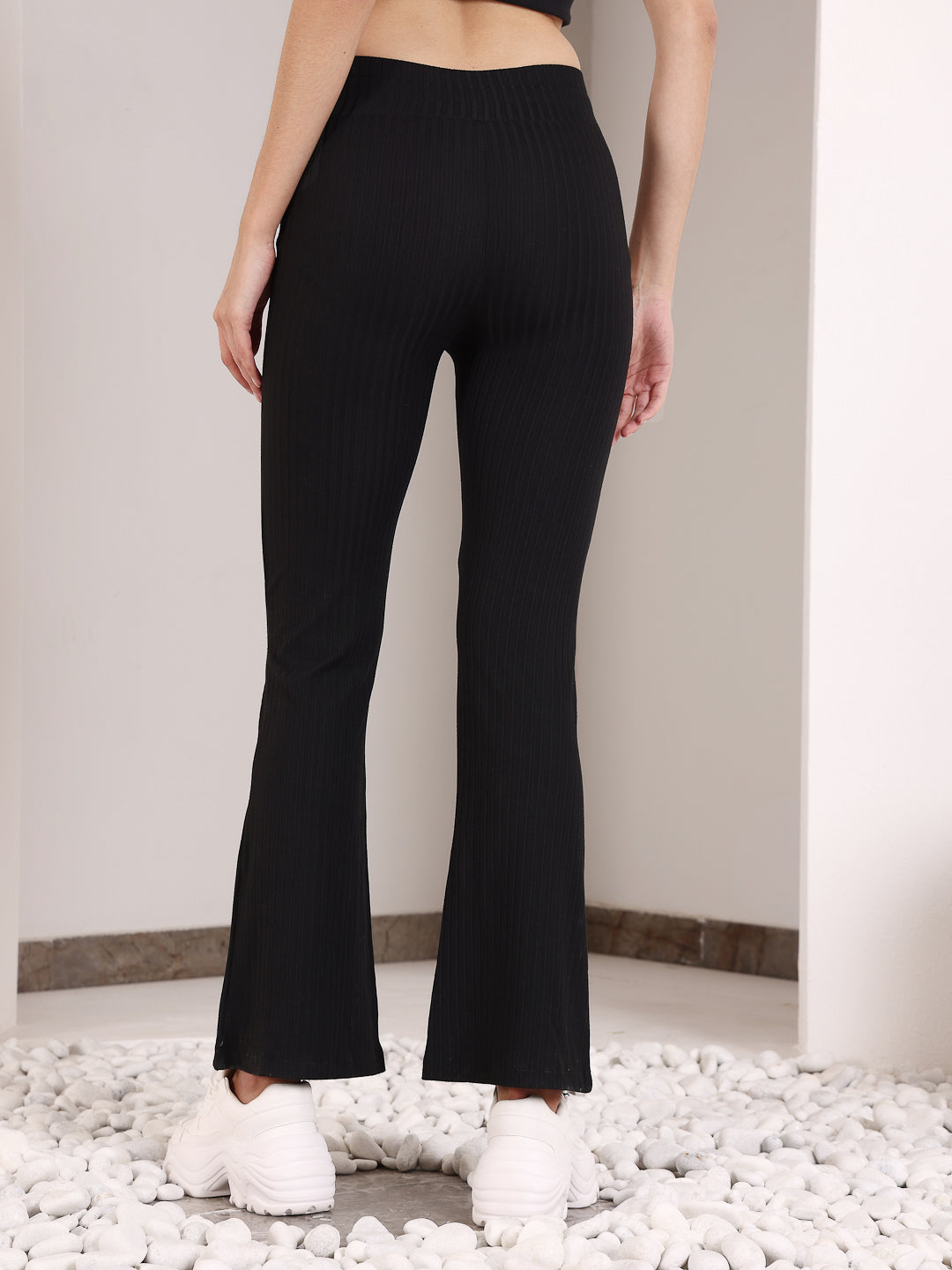 Black Rib Drawstring Flare Pants with relaxed fit