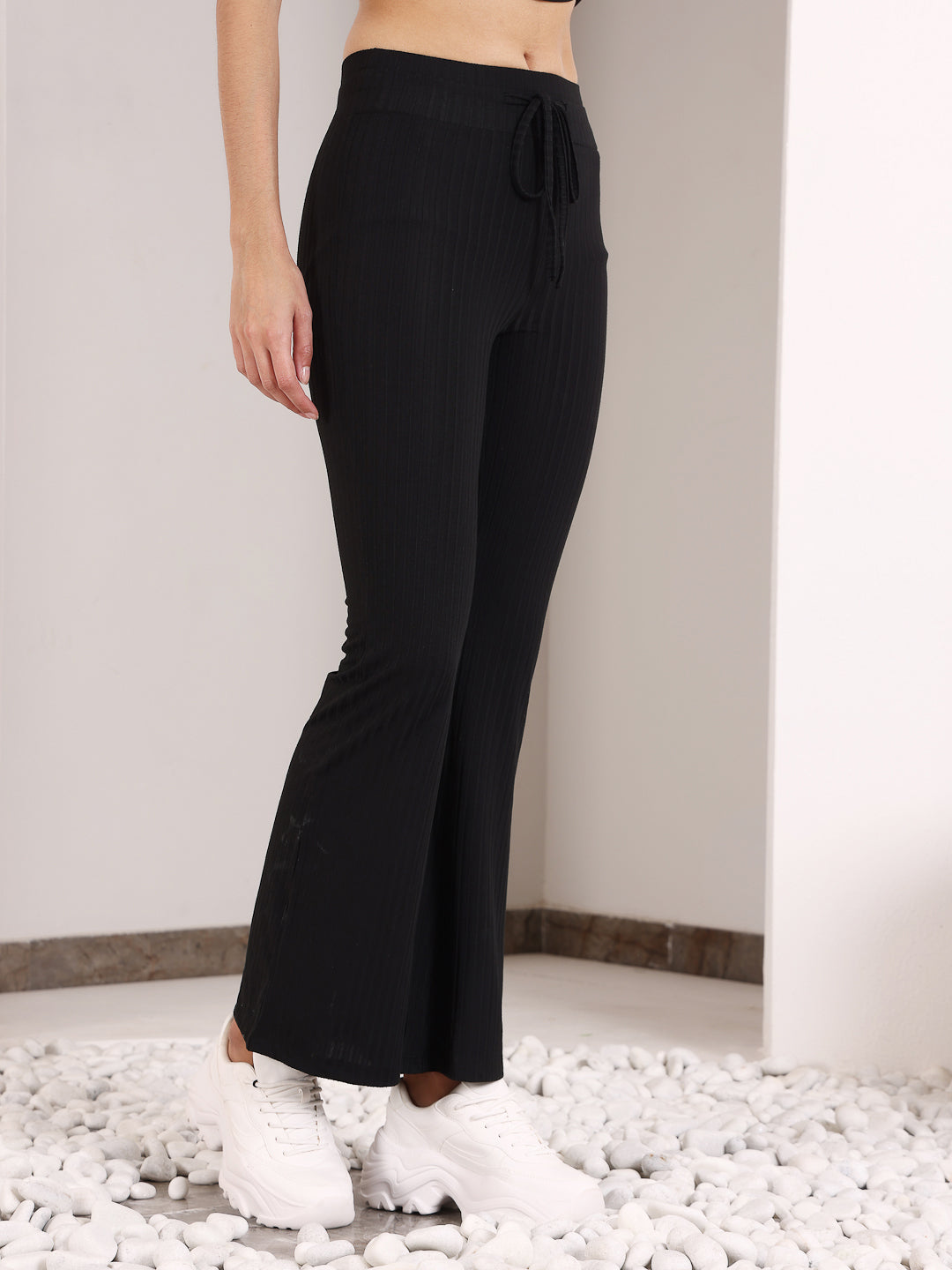 Black Rib Drawstring Flare Pants with relaxed fit