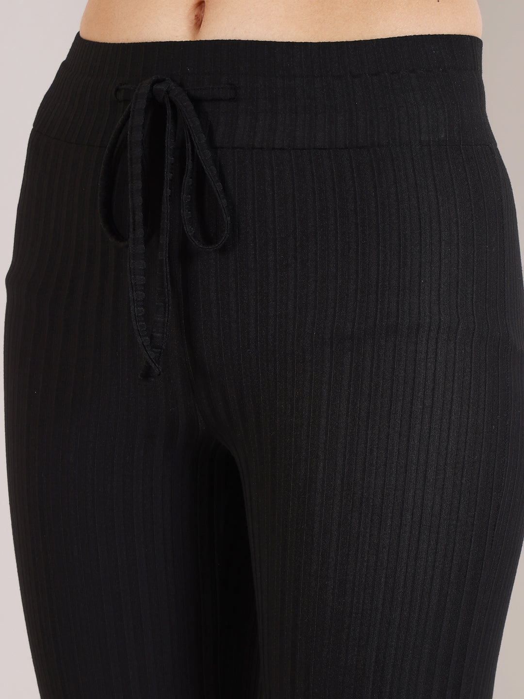 Black Rib Drawstring Flare Pants with relaxed fit