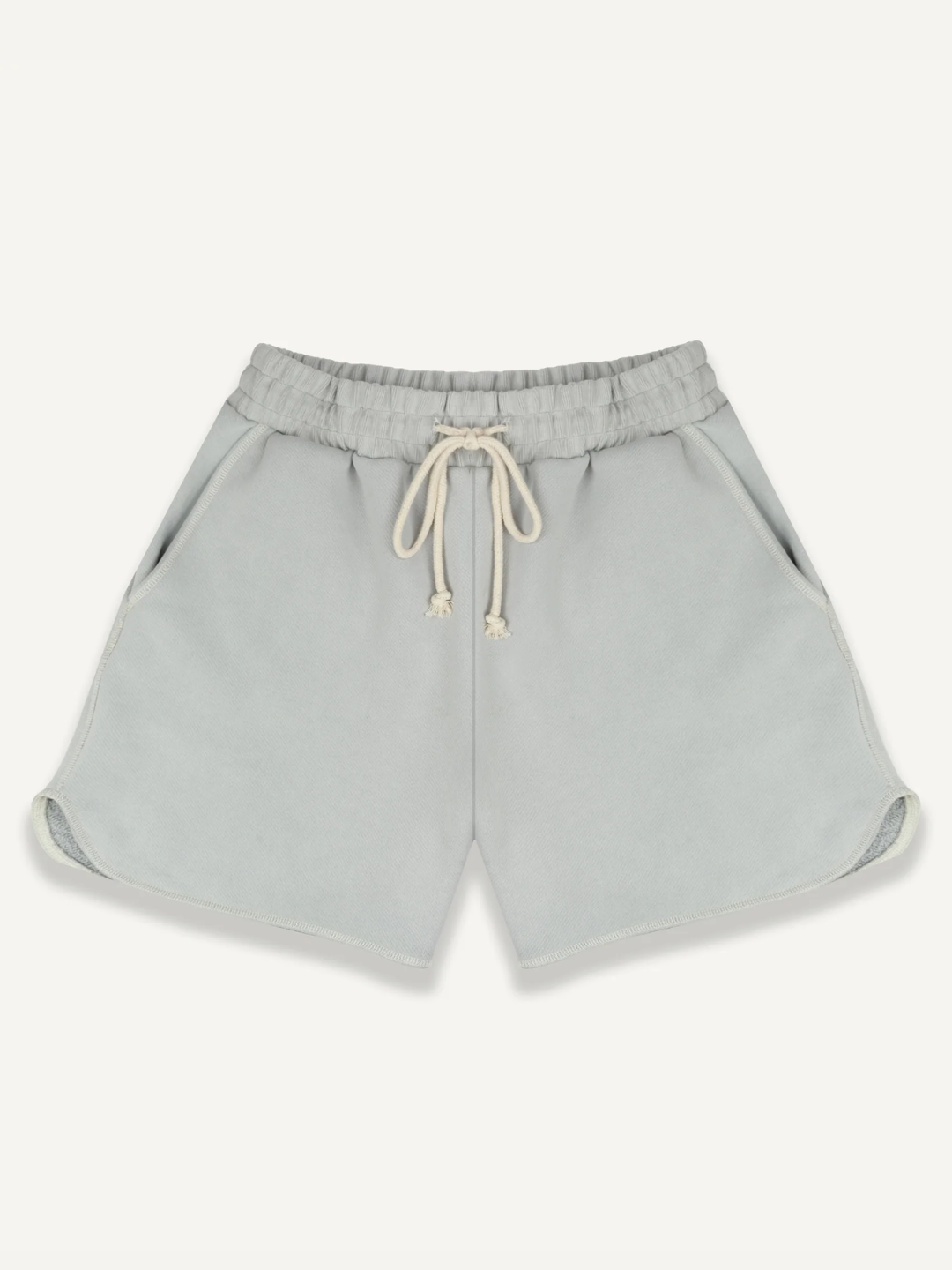 A pair of navy off White overlock running shorts with a drawstring waistband, shown in a flat lay on a white background.