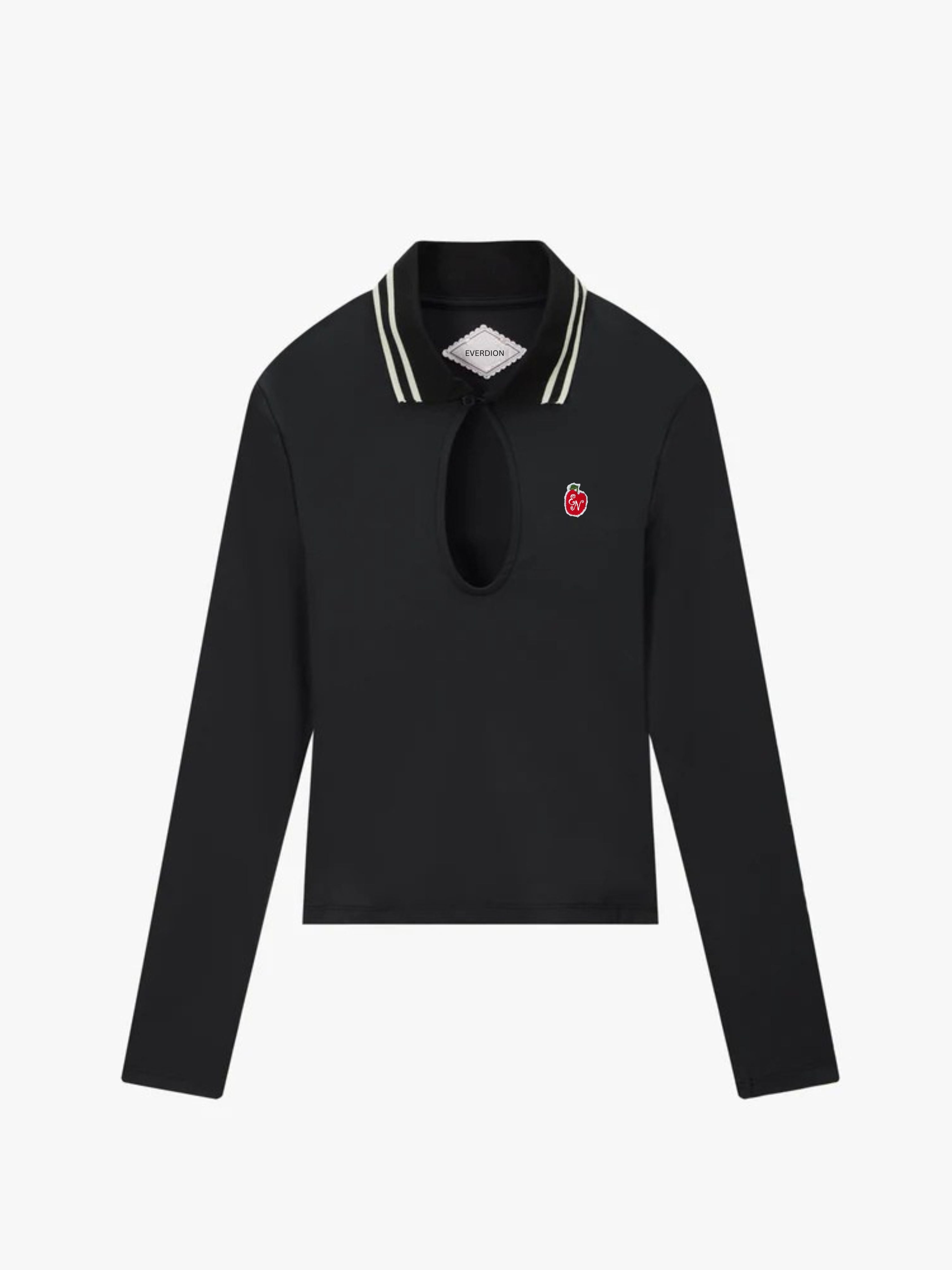 Black long-sleeve shirt with a collar and red logo on a white background