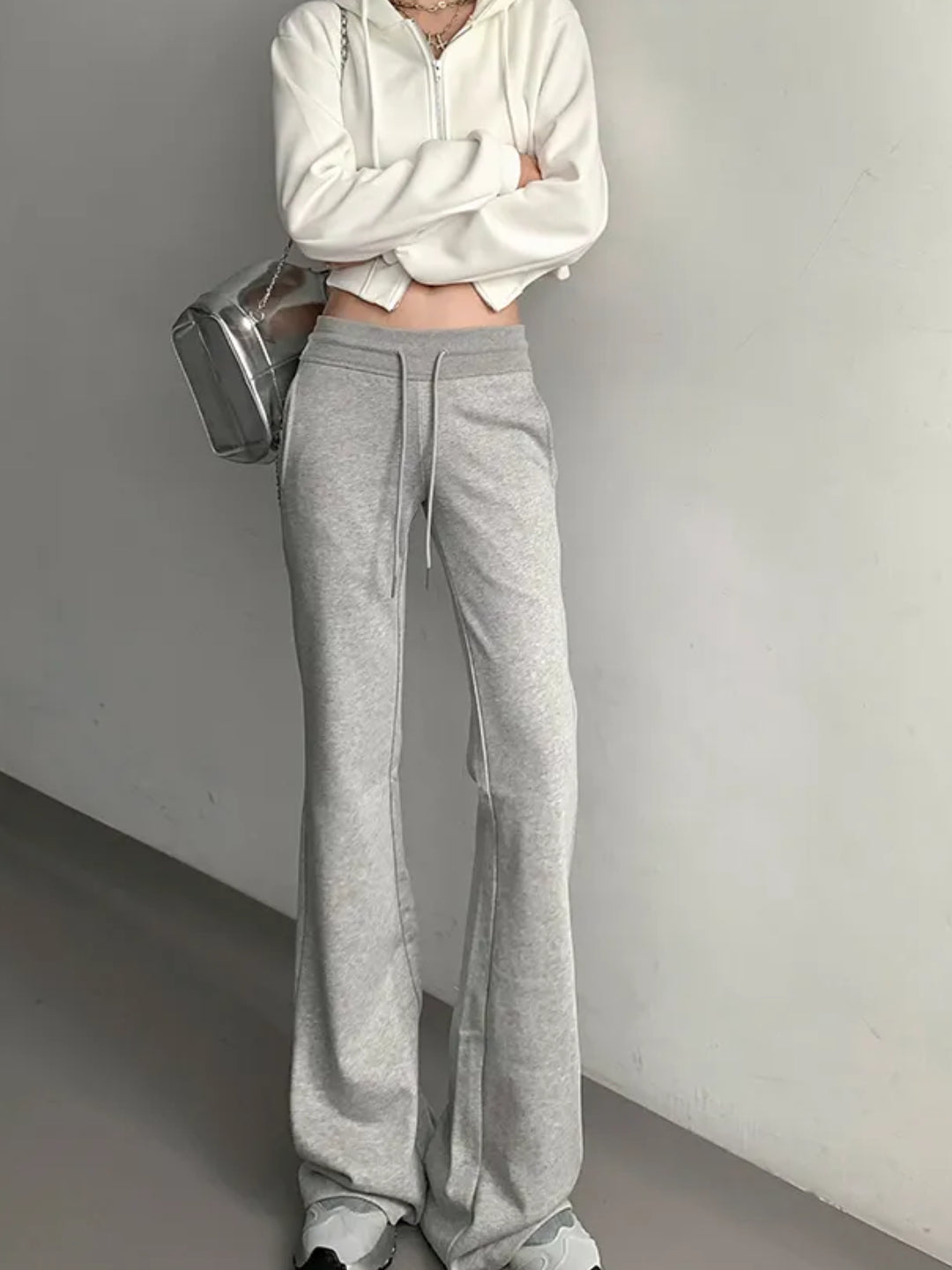 grey low-rise flared sweatpants
