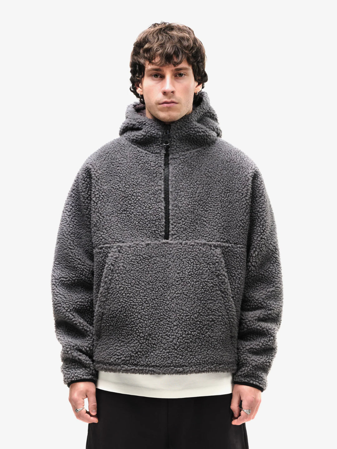 Grey fleece half-zip hoodie with a kangaroo pocket