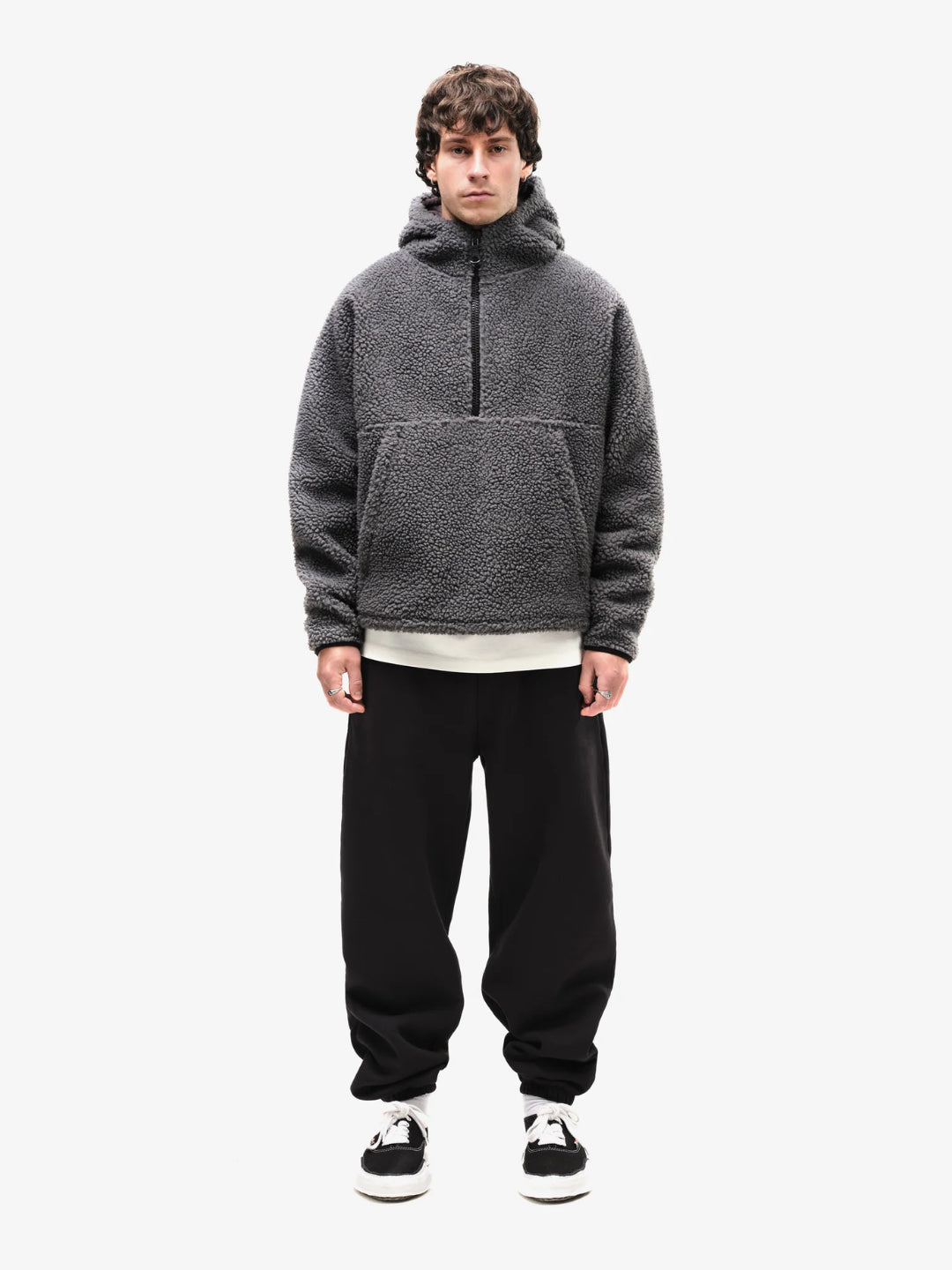 Grey fleece half-zip hoodie with a kangaroo pocket
