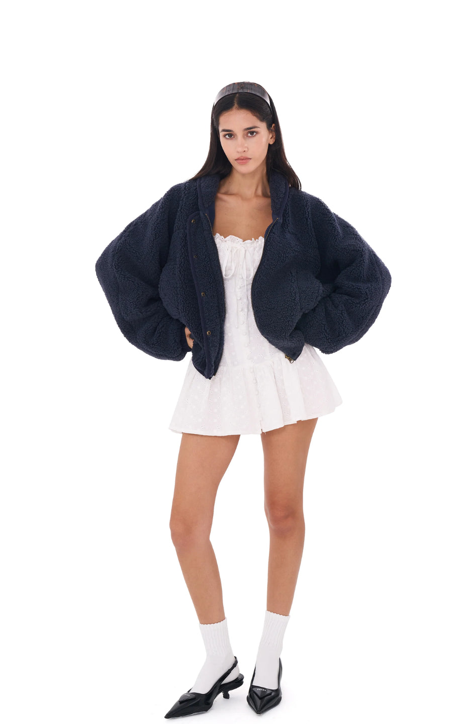 navy blue fleece zip jacket with a full-zip front