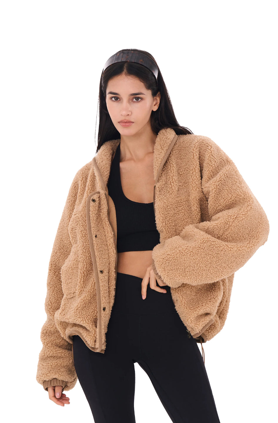Beige fleece zip jacket with a full-zip front