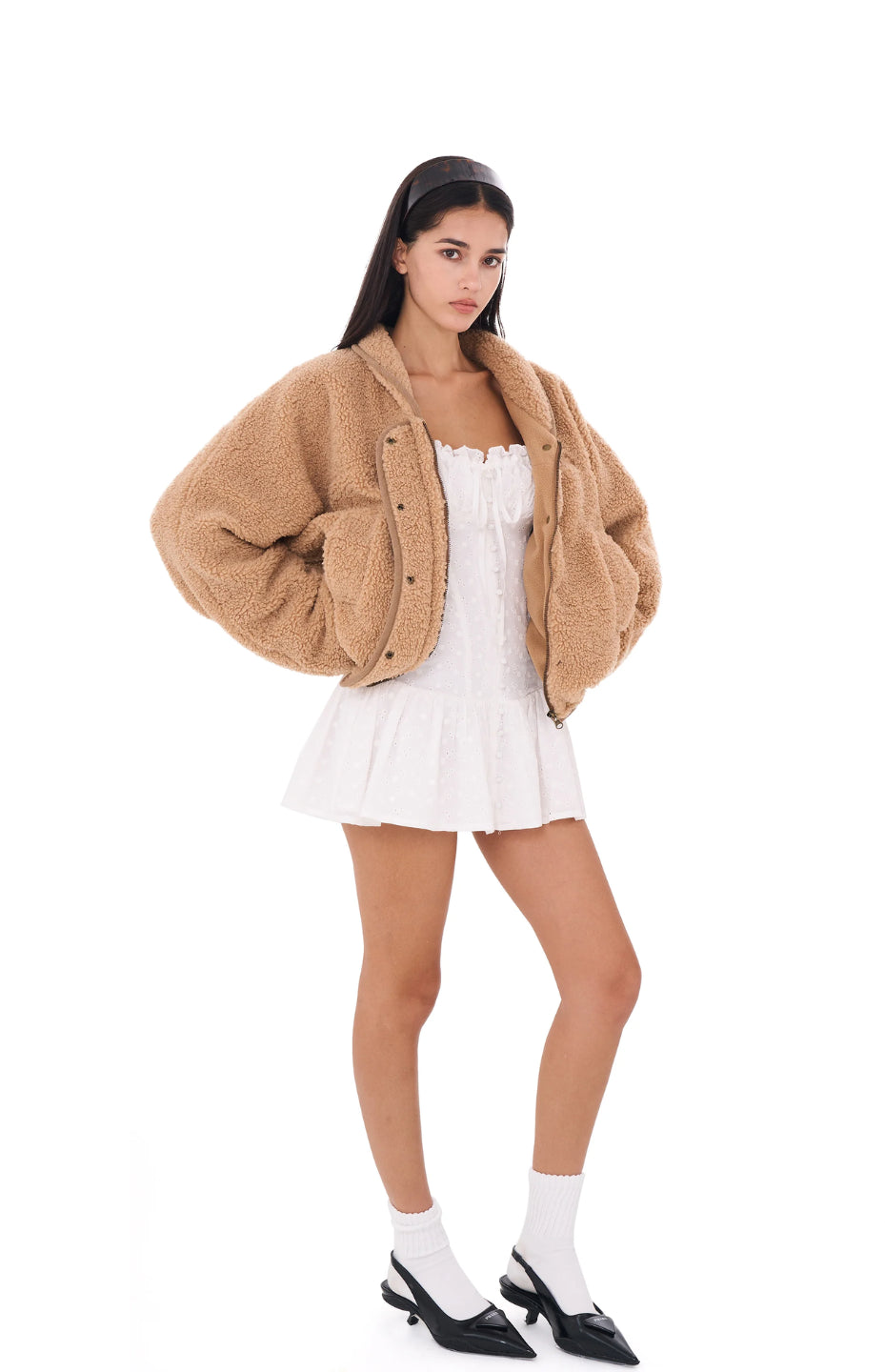 Beige fleece zip jacket with a full-zip front