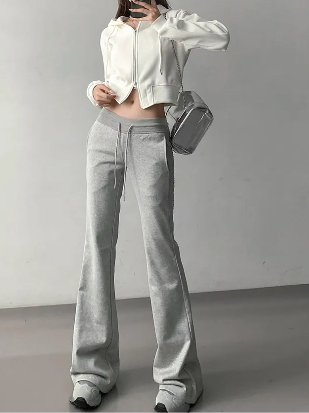 grey low-rise flared sweatpants