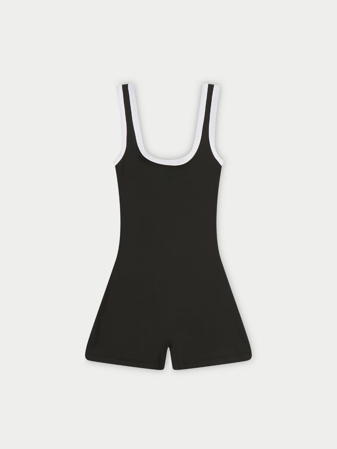 short-sleeved, solid black playsuit with contrast piping on the shoulders and a round neckline.