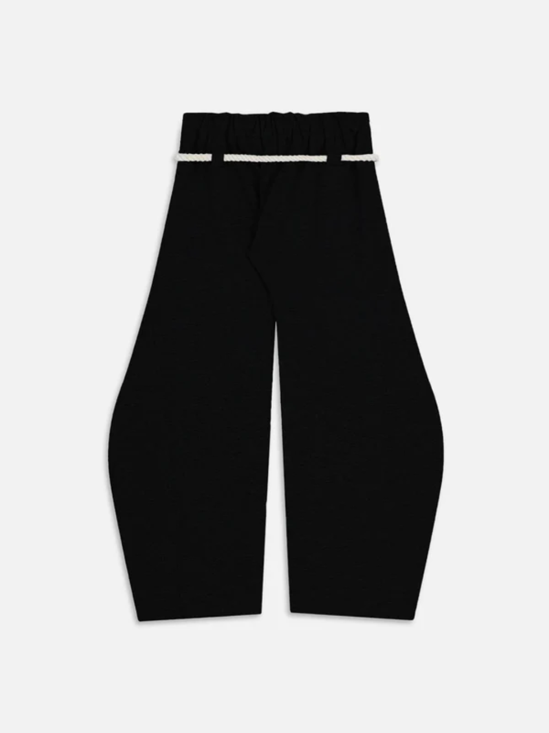 Black baggy barrel sweatpants with a wide-leg fit and elasticized waistband, featuring a rope drawstring.