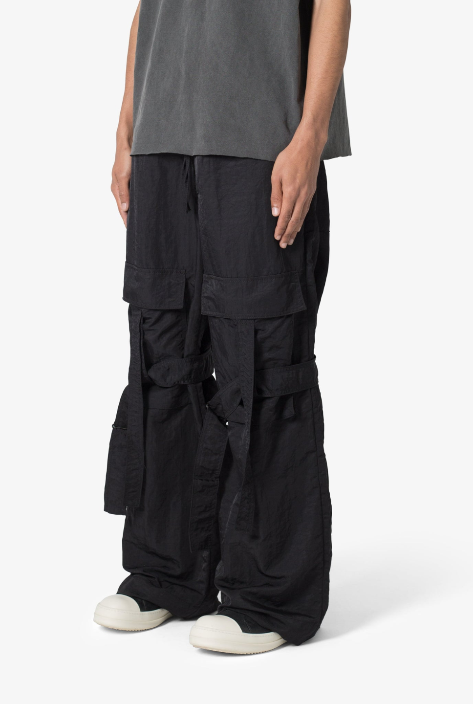 black ultra baggy strap cargo pants with multiple pockets