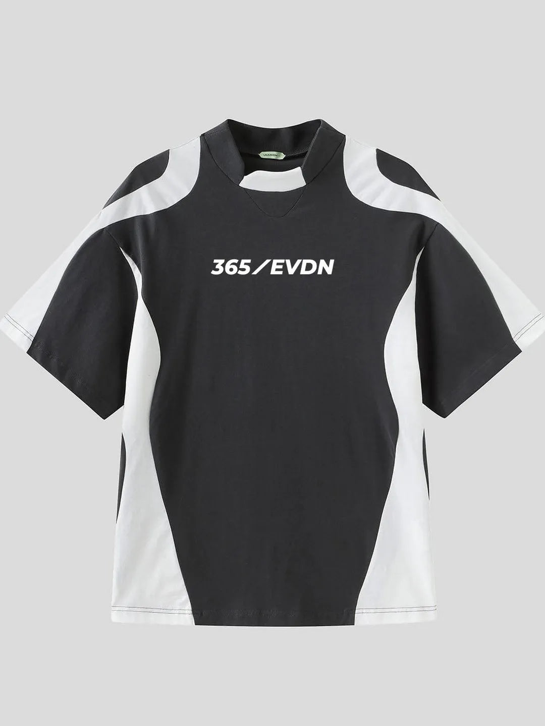 Black and white athletic shirt with '365/EVDN' text on a grey background
