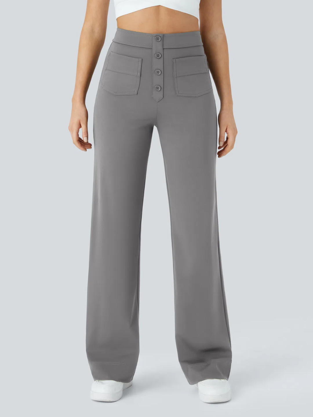 A person wearing high waisted button multiple pockets straight leg casual pants in grey color.
