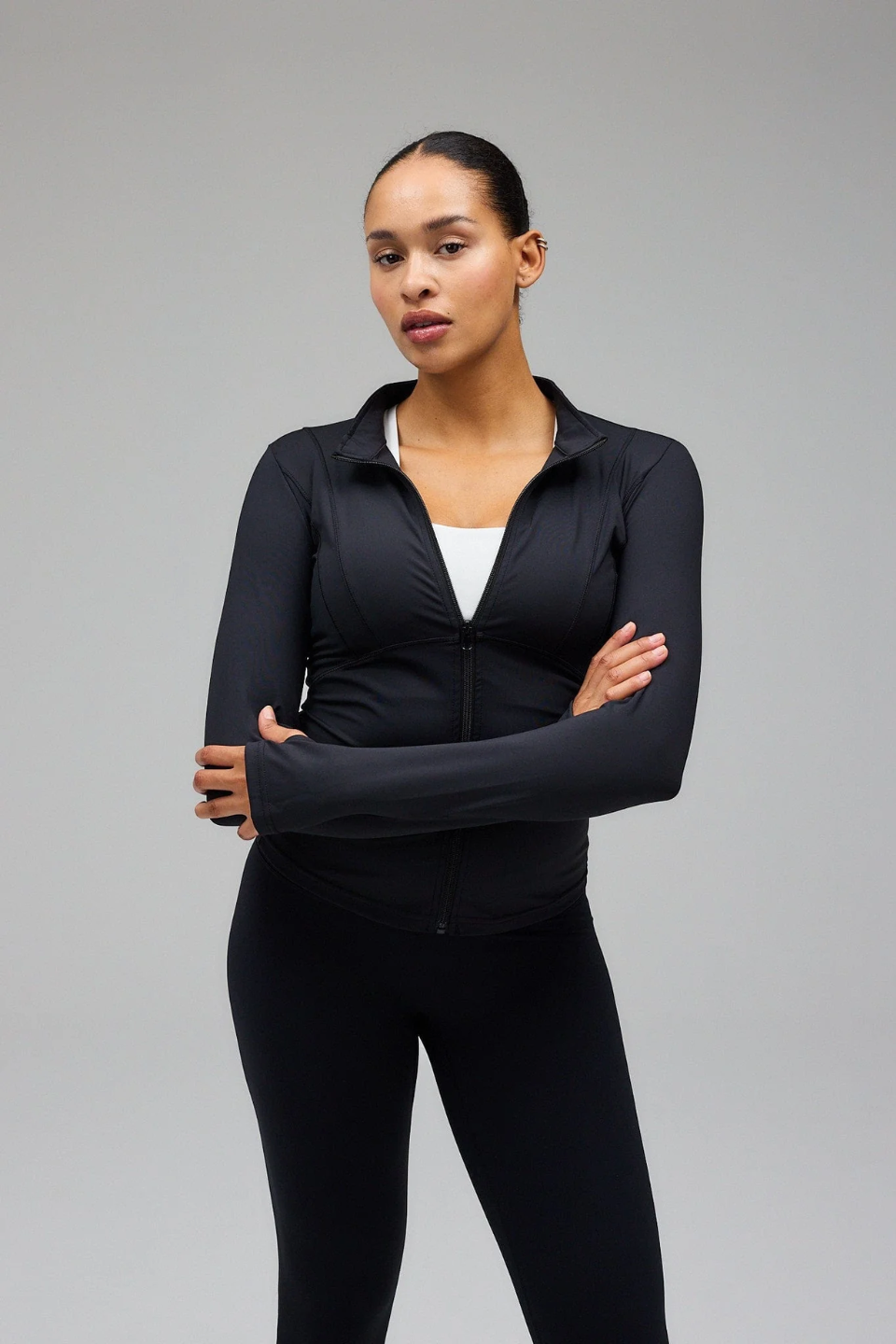 Black Hyper Zip Jacket with full sleeves, featuring a front zipper and a round neckline.