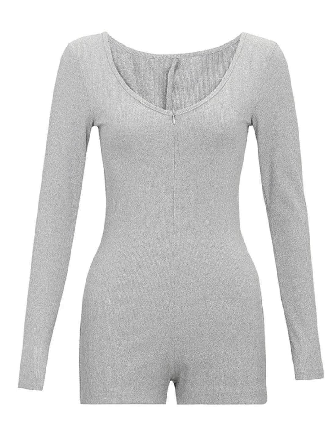 grey melange rib playsuit with long sleeves and a V-neck line