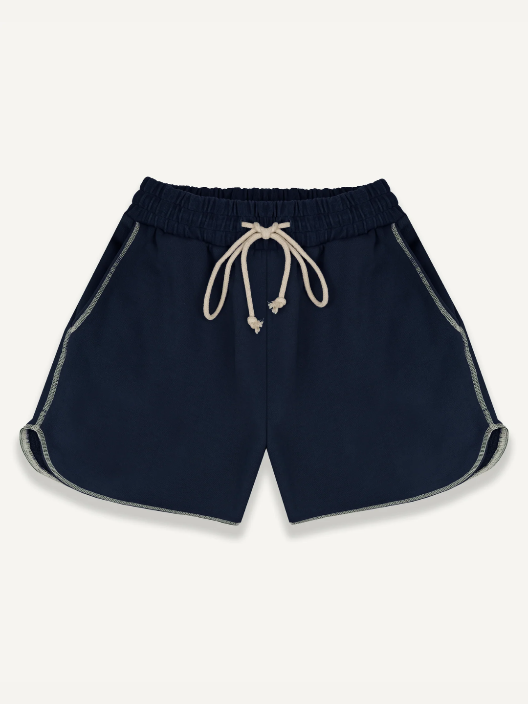 A pair of navy blue overlock running shorts with a drawstring waistband, shown in a flat lay on a white background.
