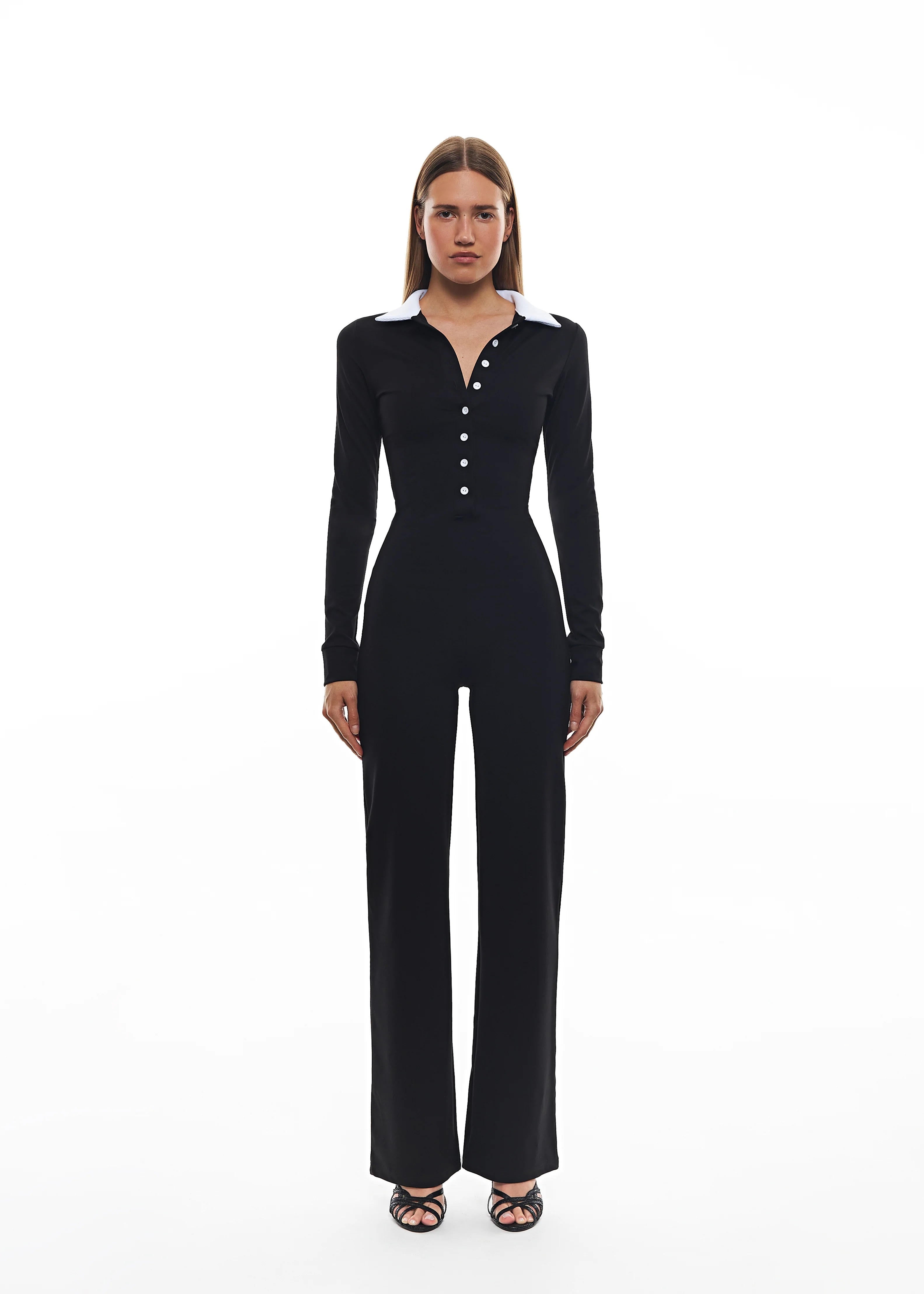 White Collar Catsuit, featuring a contrast collar and sleek design, this all-in-one jumpsuit