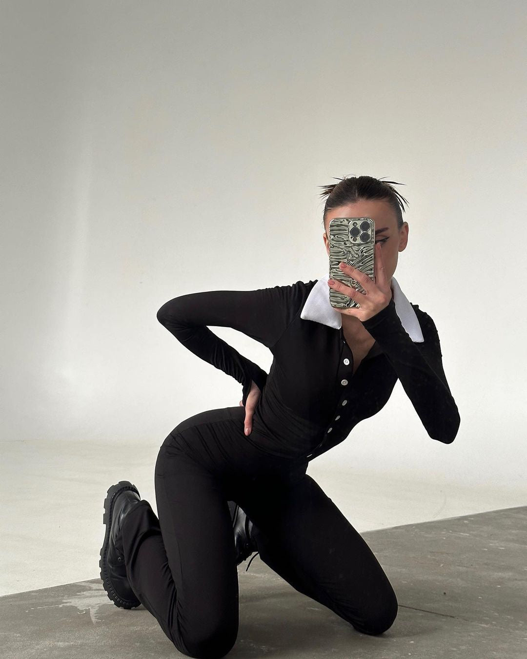 White Collar Catsuit, featuring a contrast collar and sleek design, this all-in-one jumpsuit