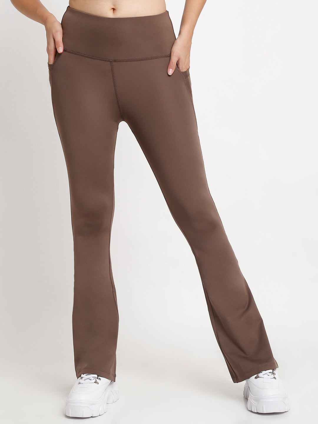 Brown Flare High Waisted Essential Pants With Pockets