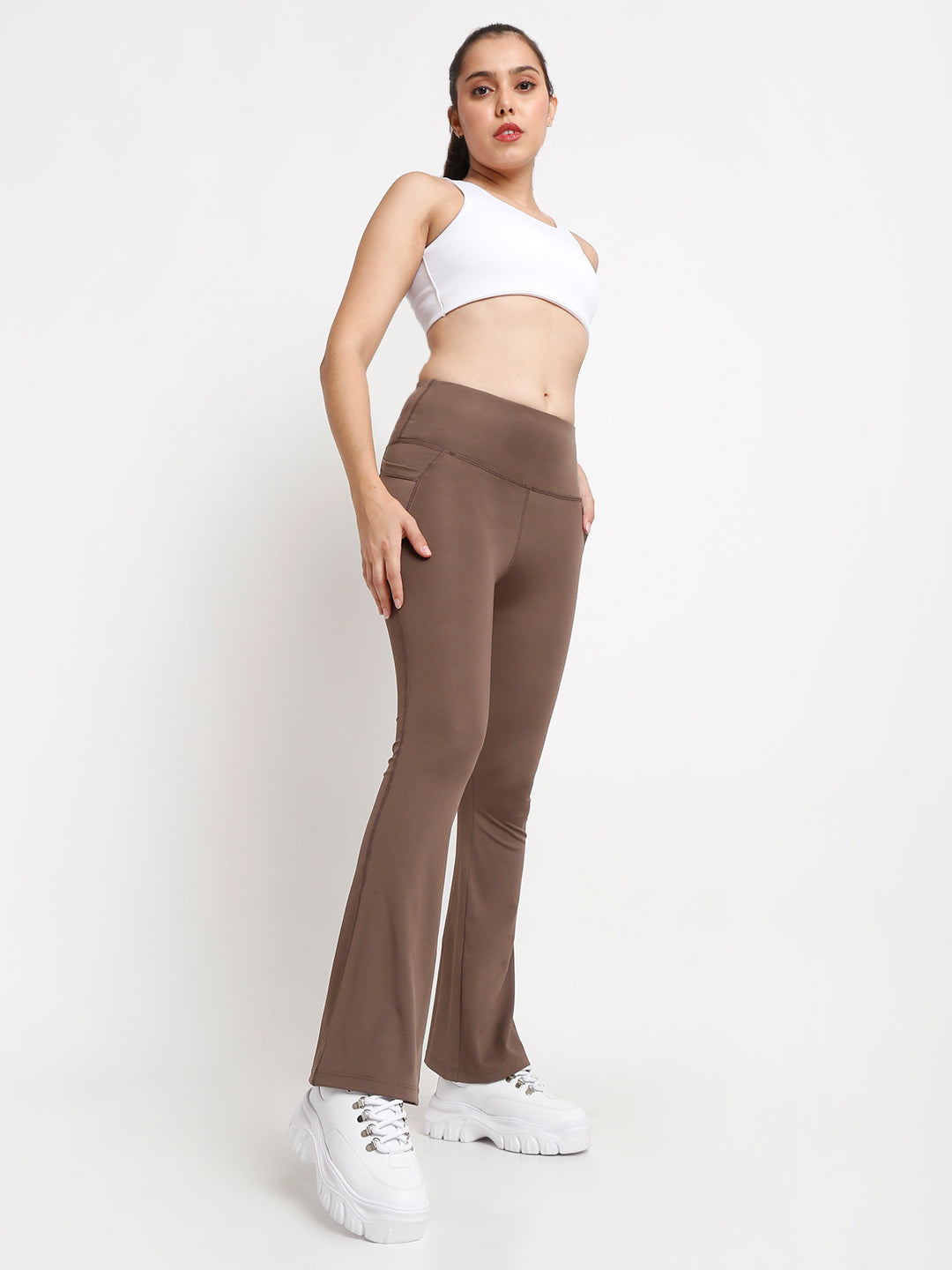 Brown Flare High Waisted Essential Pants With Pockets