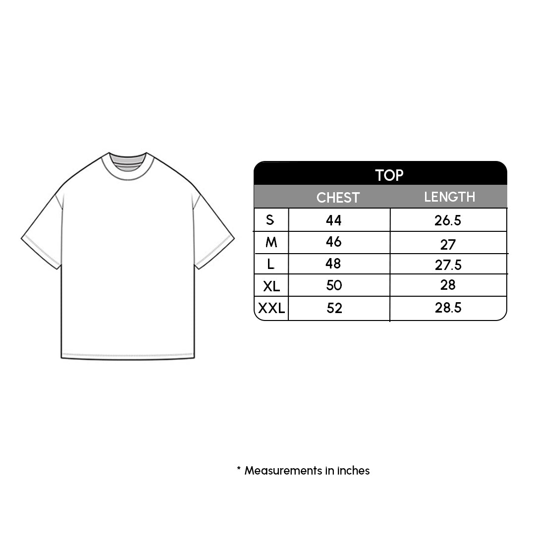 T-shirt with size chart on a white background