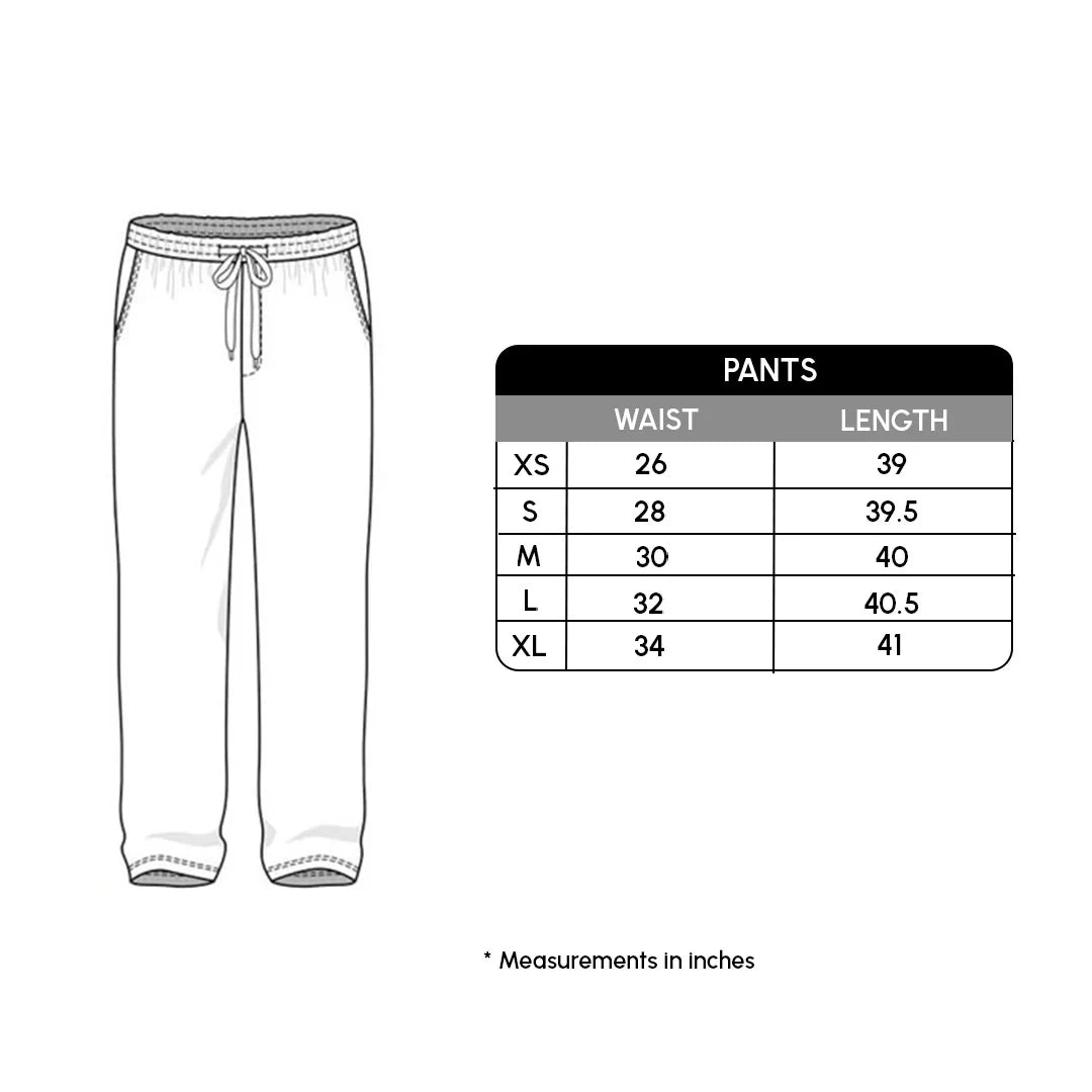 White pants with a size chart on a white background