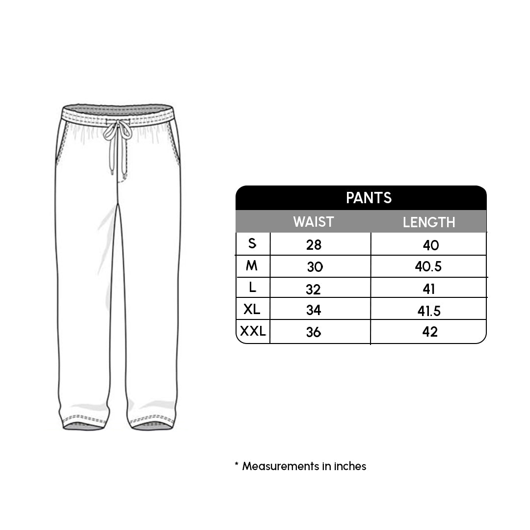 pants with a measurement chart on a white background