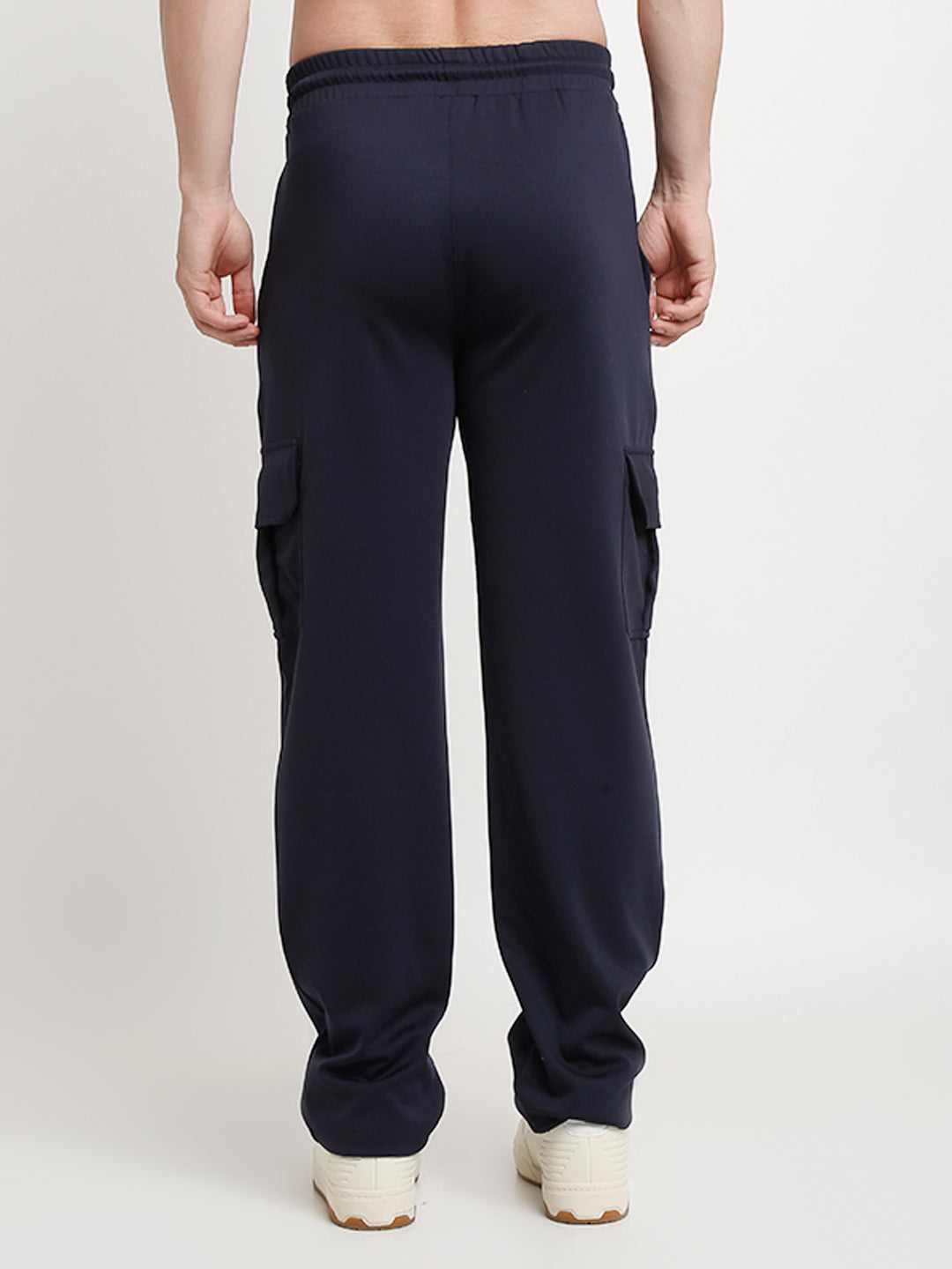 Navy blue slim fit cargo pants with large side flap pockets