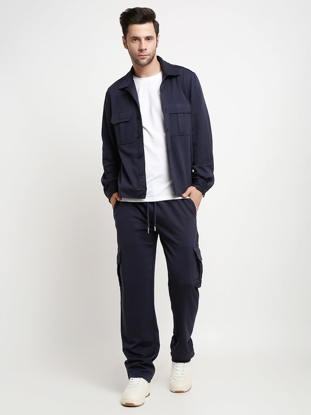Navy blue slim fit cargo pants with large side flap pockets