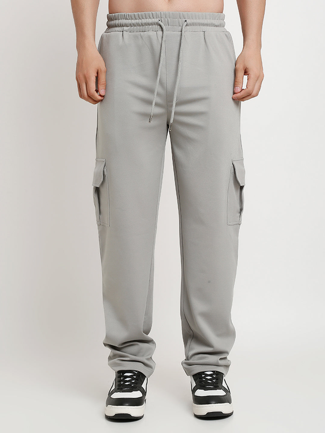 Grey slim fit cargo pants with large side flap pockets