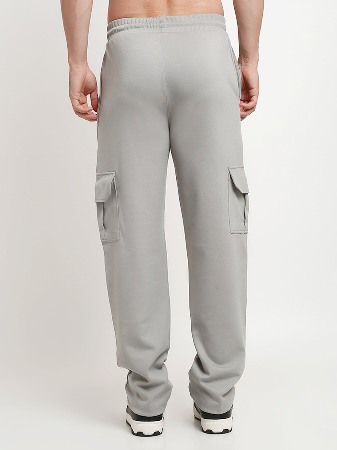 Grey slim fit cargo pants with large side flap pockets