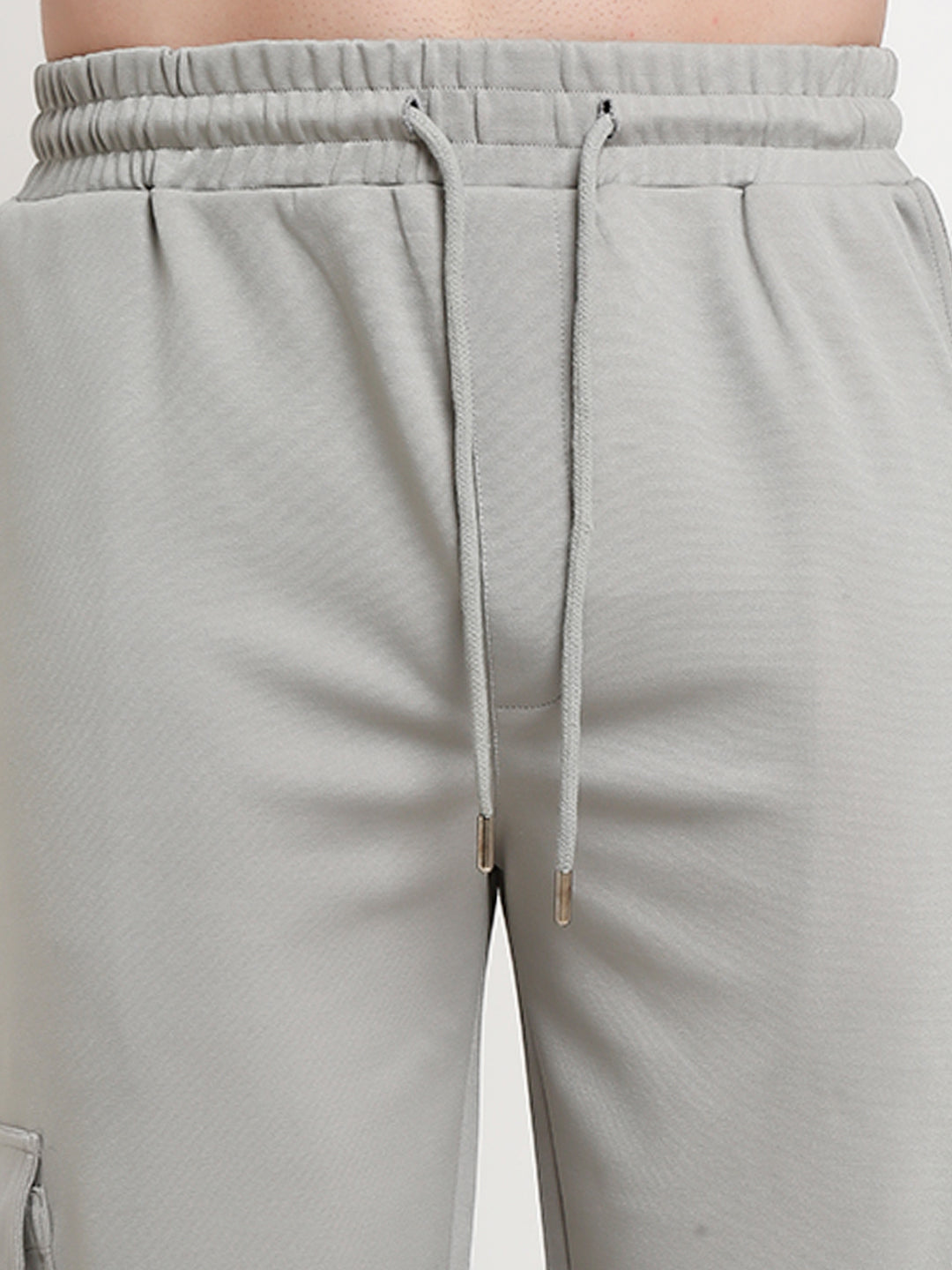 Grey slim fit cargo pants with large side flap pockets