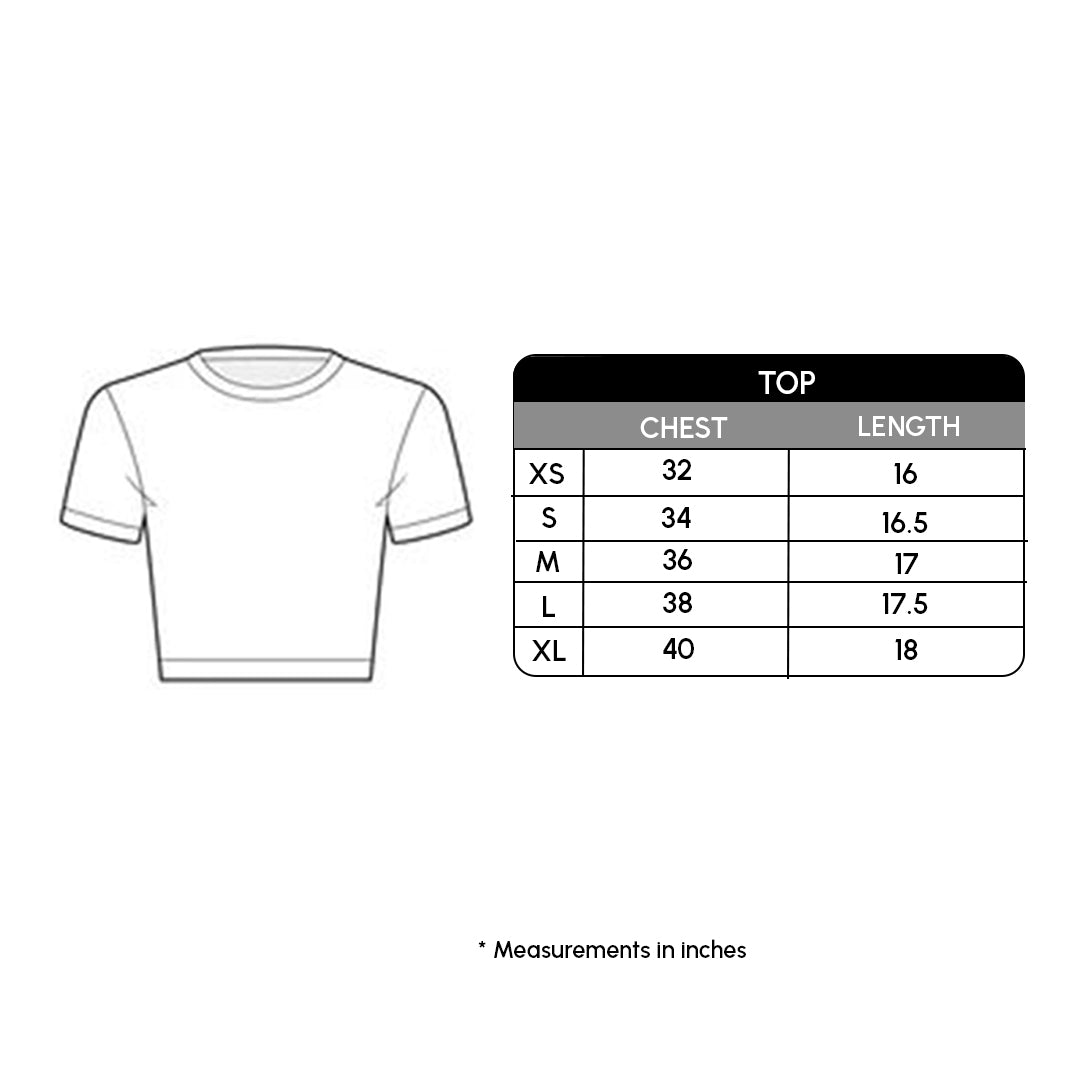 T-shirt with size chart on a white background