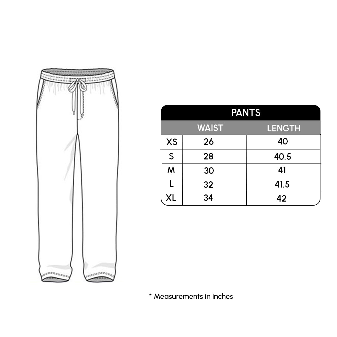 Pants with a size chart on a white background