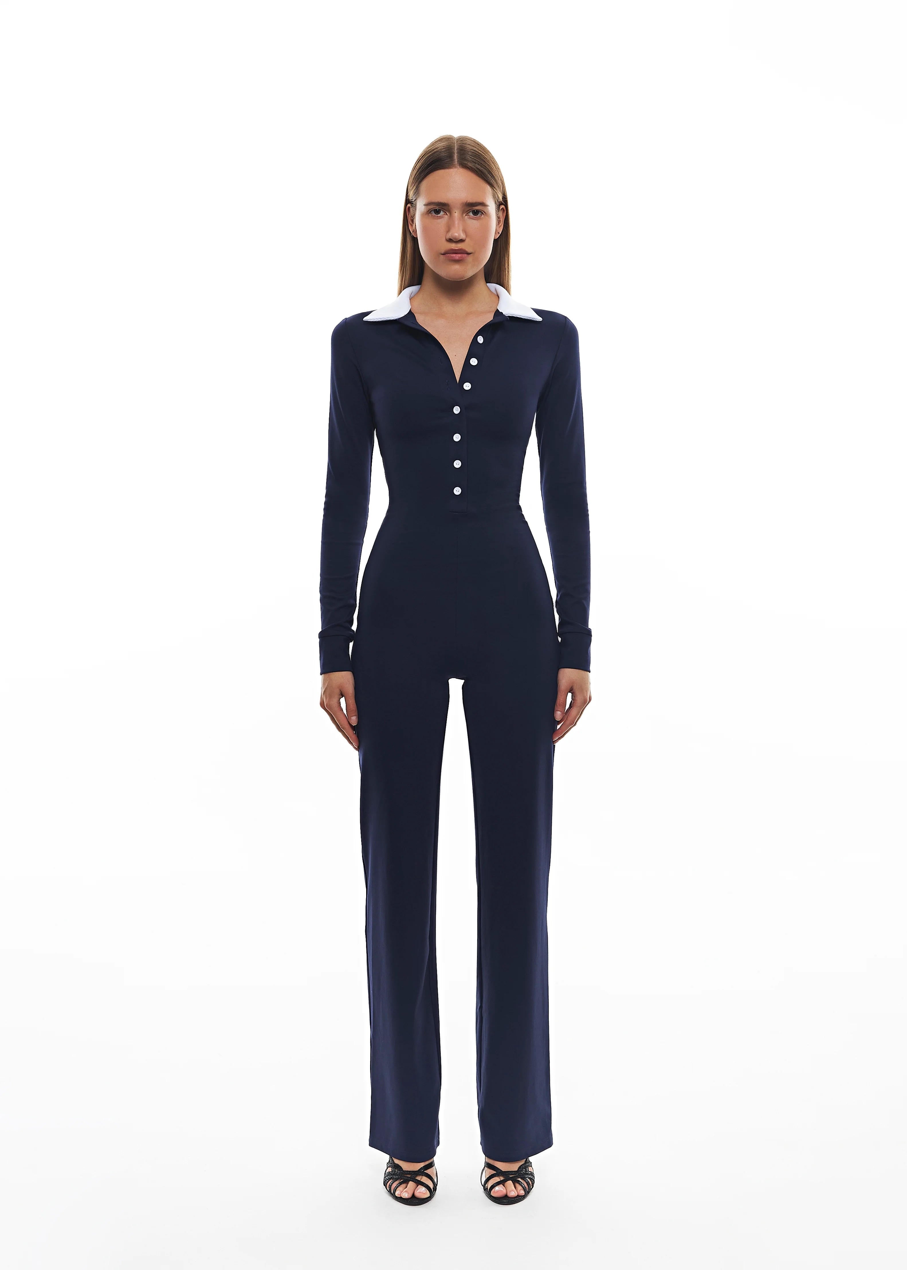 White Collar Catsuit, featuring a contrast collar and sleek design, this all-in-one jumpsuit