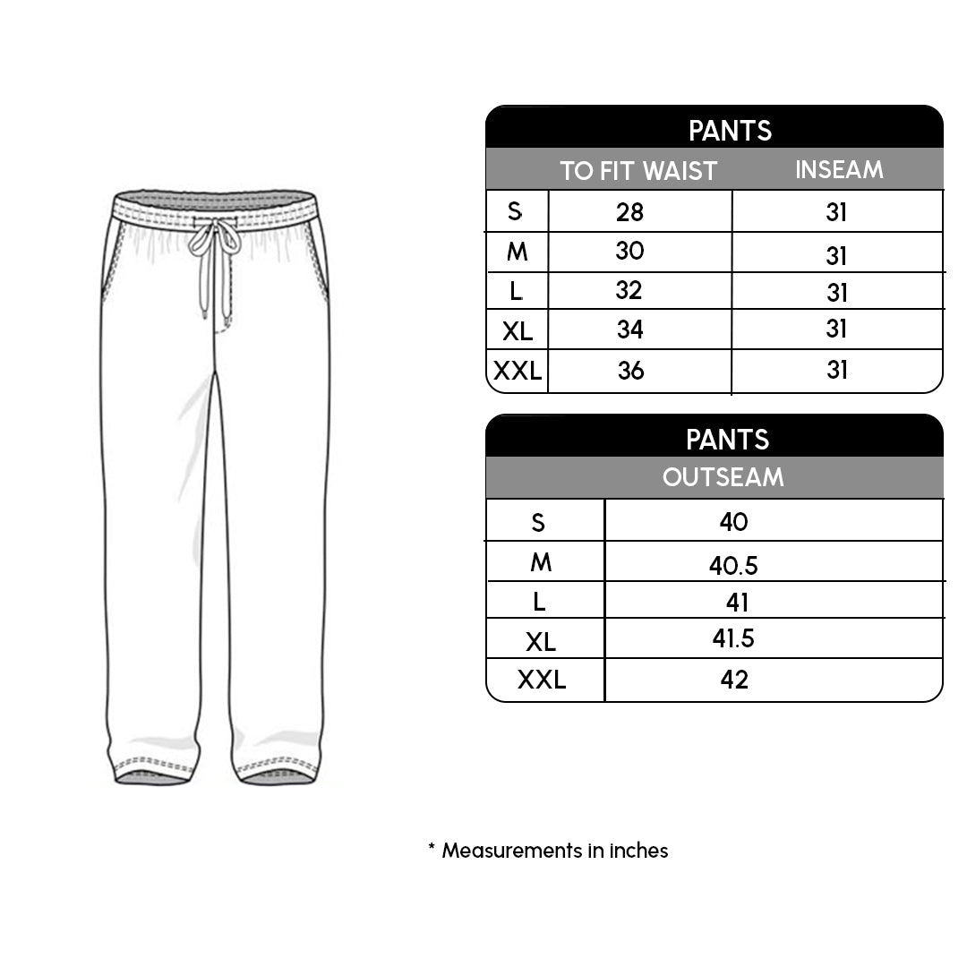 Measurement chart for pants with a white pants illustration on a white background