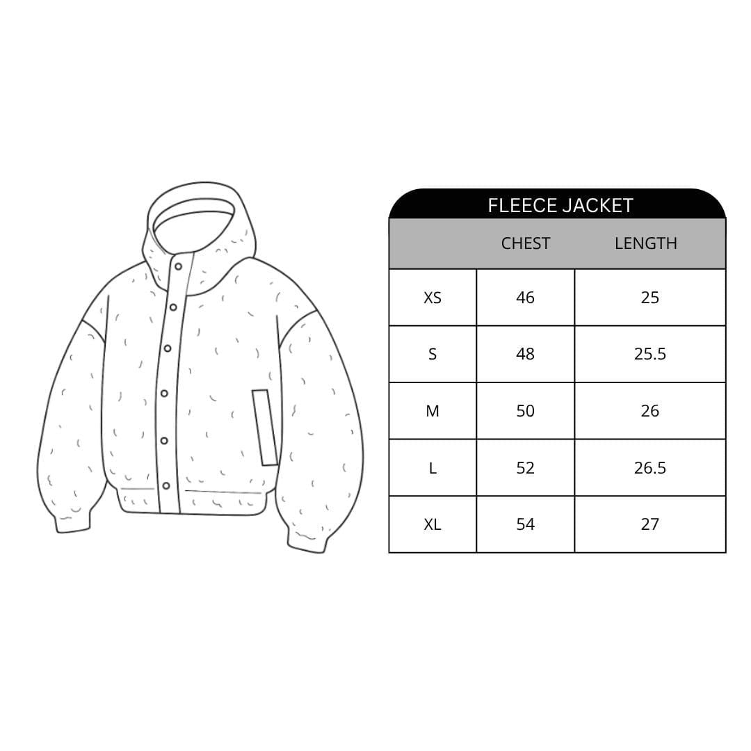 Fleece jacket with size chart on a white background