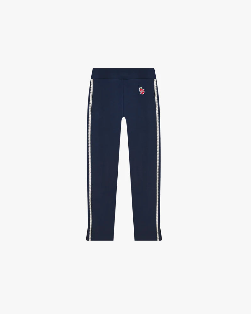 Navy blue leggings with white stripes on a light grey background