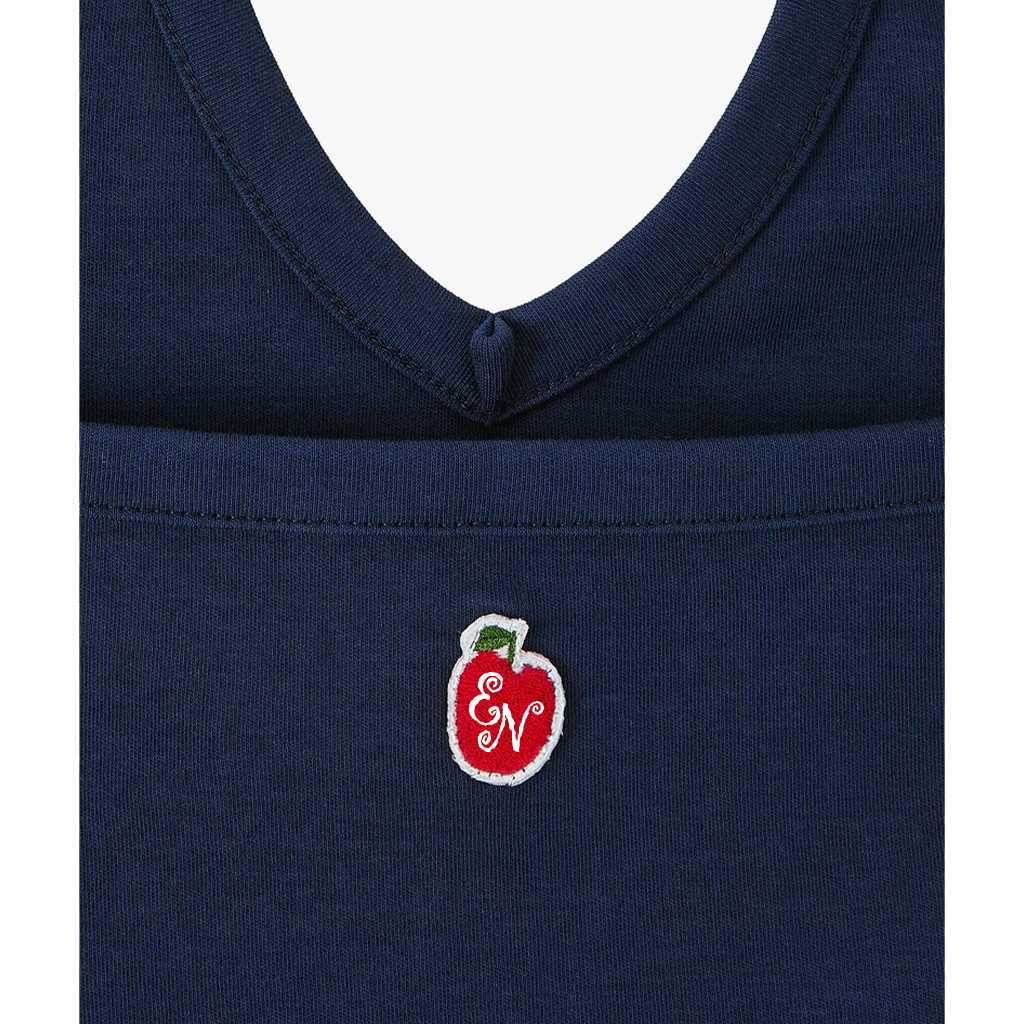 Navy blue shirt with a red and white logo on a white background