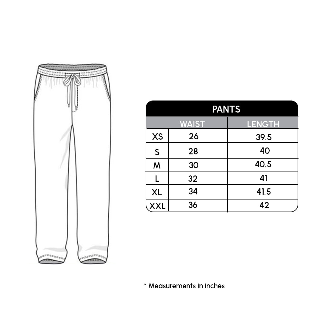 White pants with a measurement chart on a white background