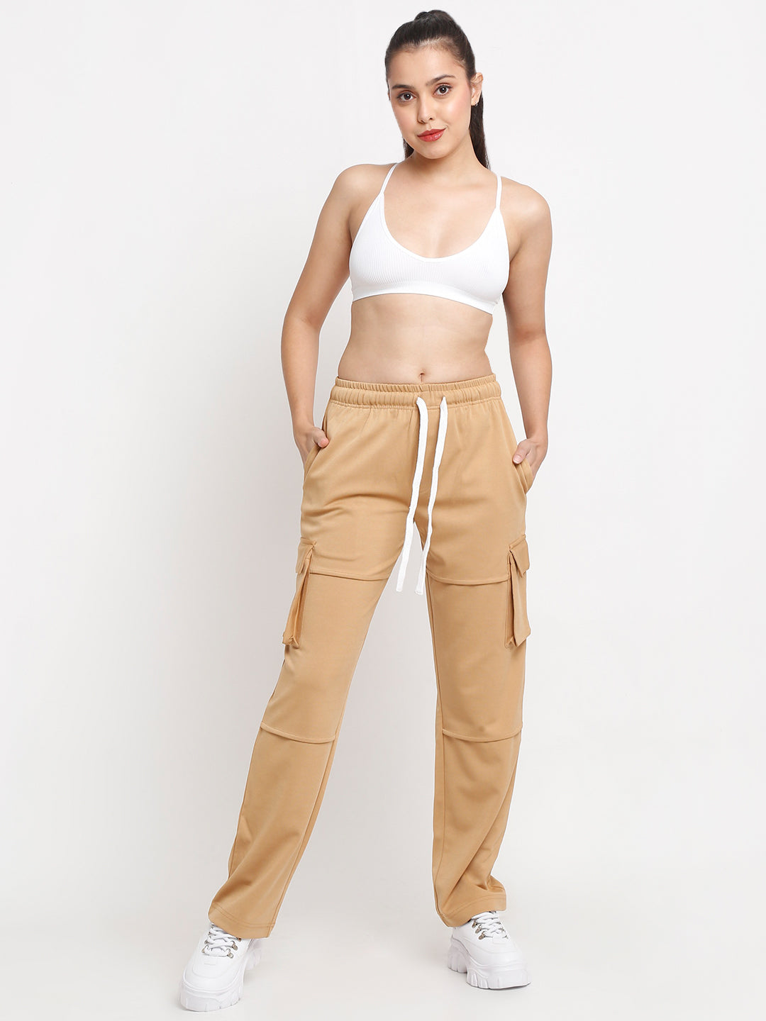 wearing tan utility cargo pants
