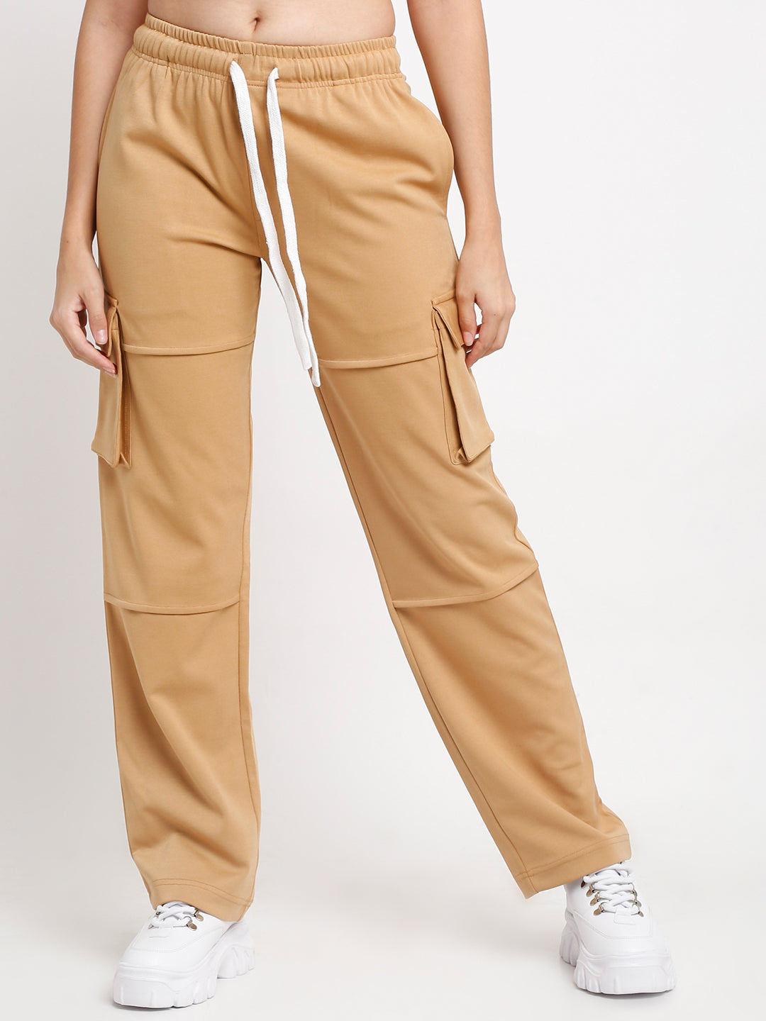 wearing tan utility cargo pants