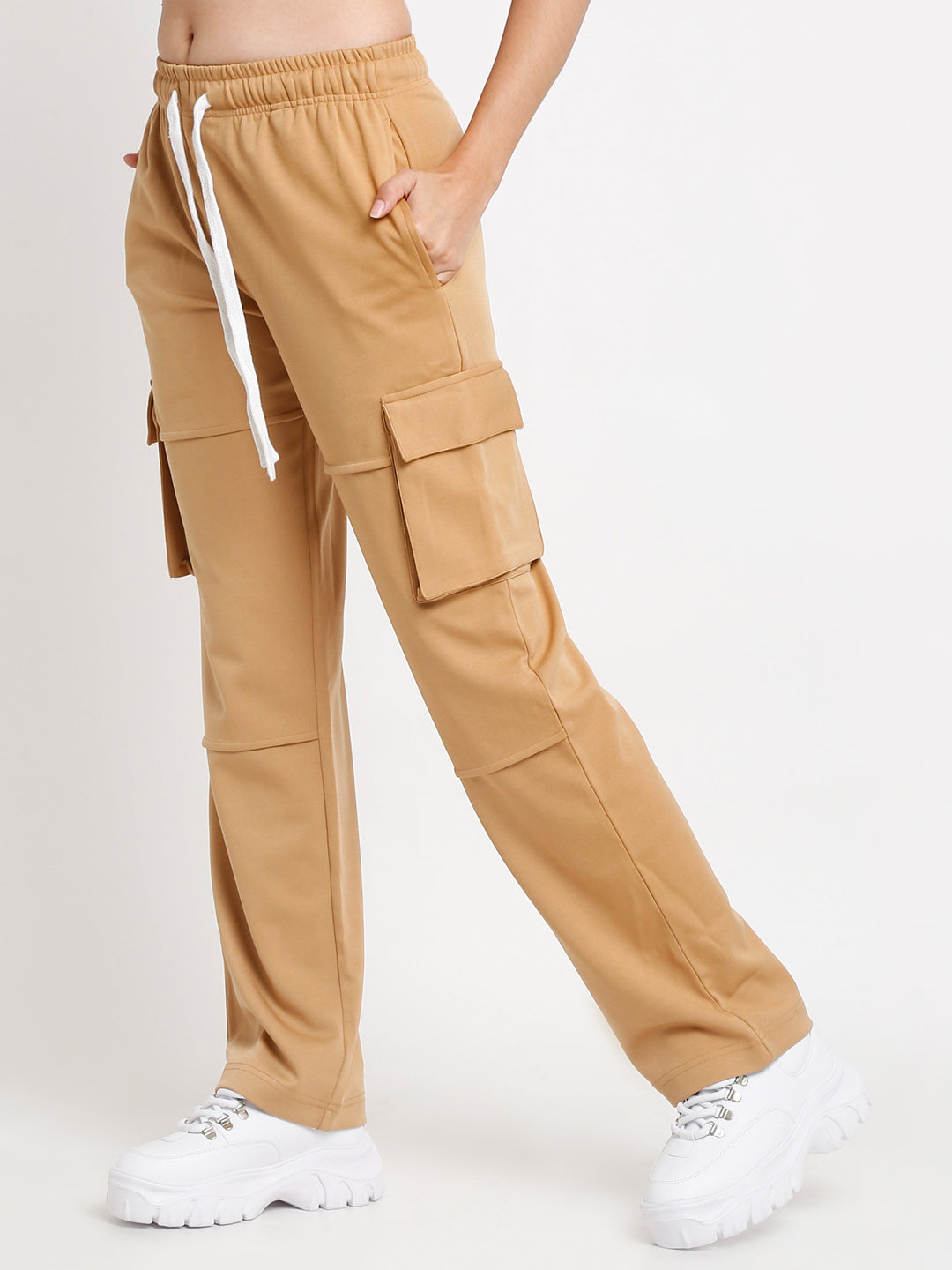 wearing tan utility cargo pants