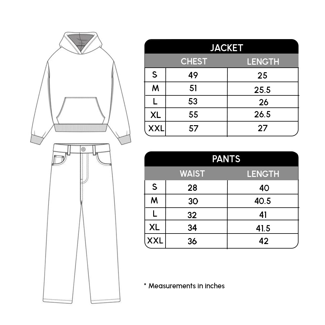 Measurement chart for jacket and pants with size chart on a white background