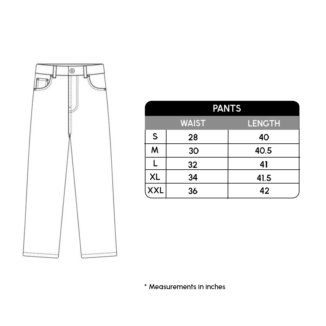 Pants with a size chart on a white background