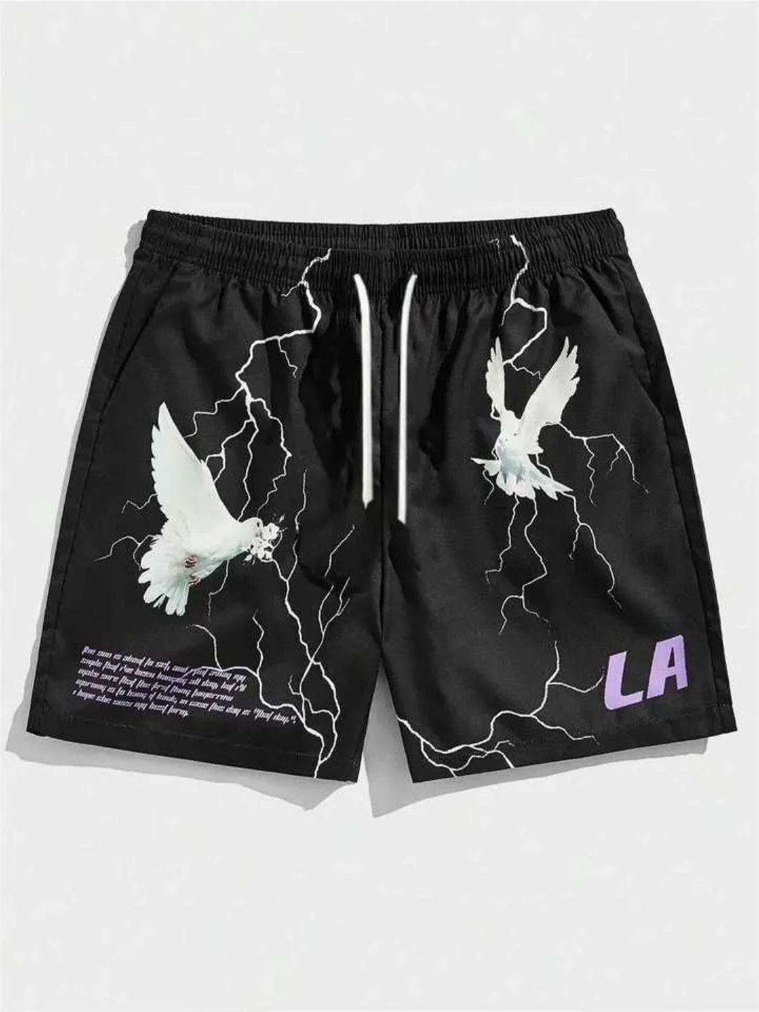 Black shorts with white dove and lightning designs on a light gray background