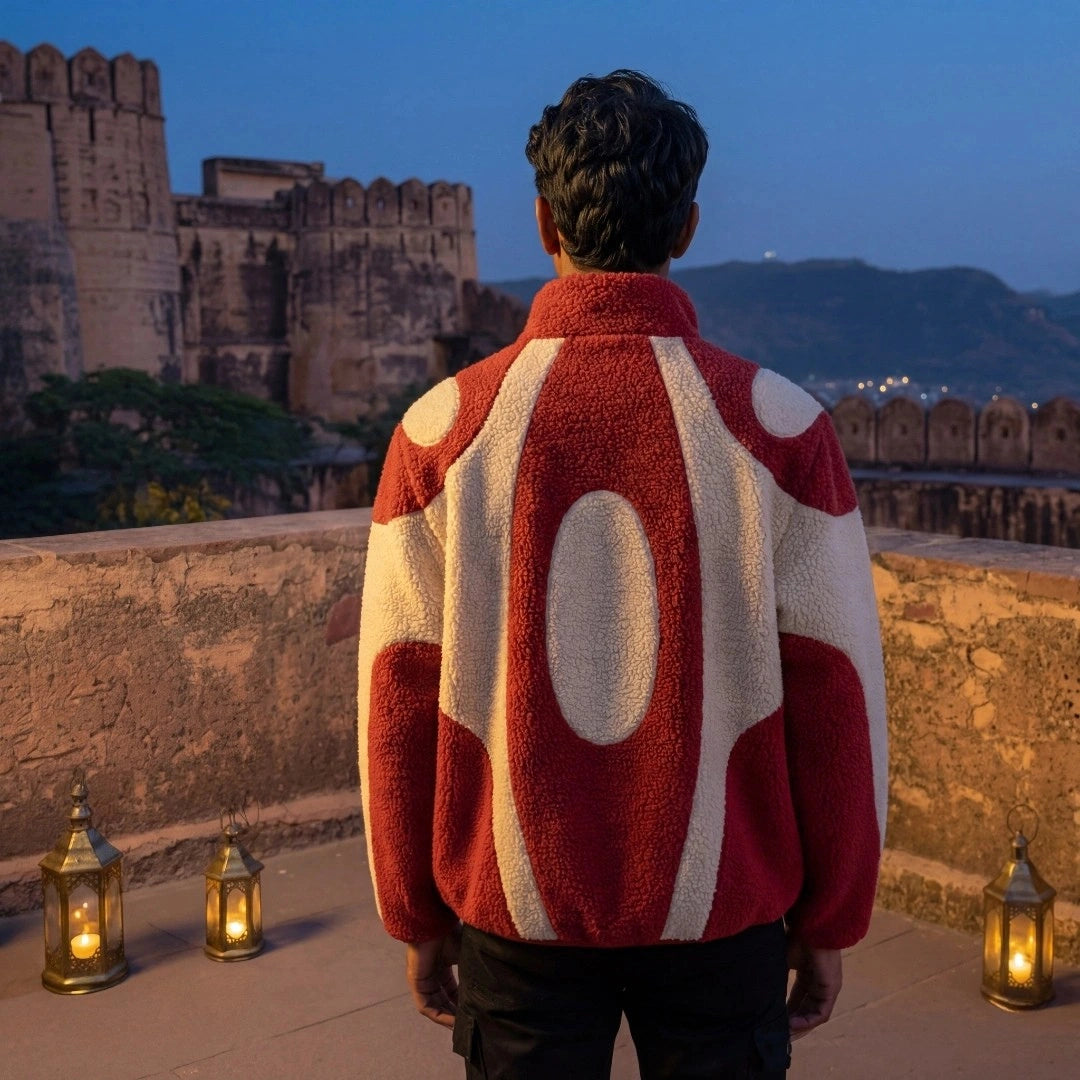 Person wearing a red and white patterned jacket overlooking an ancient fort at dusk.